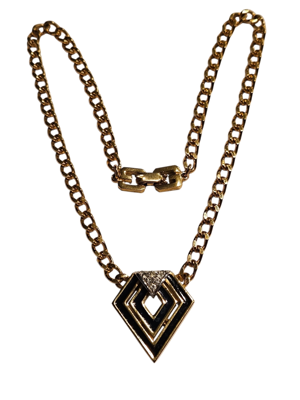 1979 Givenchy Vintage Gold Chain Choker Necklace Black Enamel Crystal Pendant - Picture 15 of 16